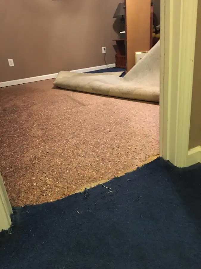 Carpet pad removal revealing water damage during Water Mitigation Services in Muskego